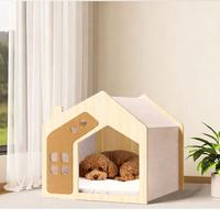 Niedliches Hausförmiges Holz-Katzenbett - Indoor-Haustier-Versteck mit Weichem Kissen, Belüftete Katzenhöhle für Katzen
