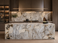 Dalle de quartzite Patagonia Cristallo pour panneau rétroéclairé à veines cristallines translucides, îlot cascade, plan de travail avec évier intégré