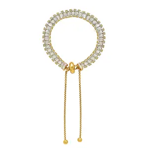 18 Karat vergoldetes Baguette CZ Zirkonia verstellbare Zug kette Edelstahl Tennis Halskette Armband Modeschmuck Set für Frauen