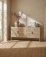 Meuble TV moderne de luxe léger en bois massif avec rangement et rotin naturel pour salon et usage commercial