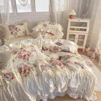 Parure de lit 4 pièces en coton 100% plissé style princesse, unie et romantique, personnalisable, toutes saisons, avec dentelle, pour palais