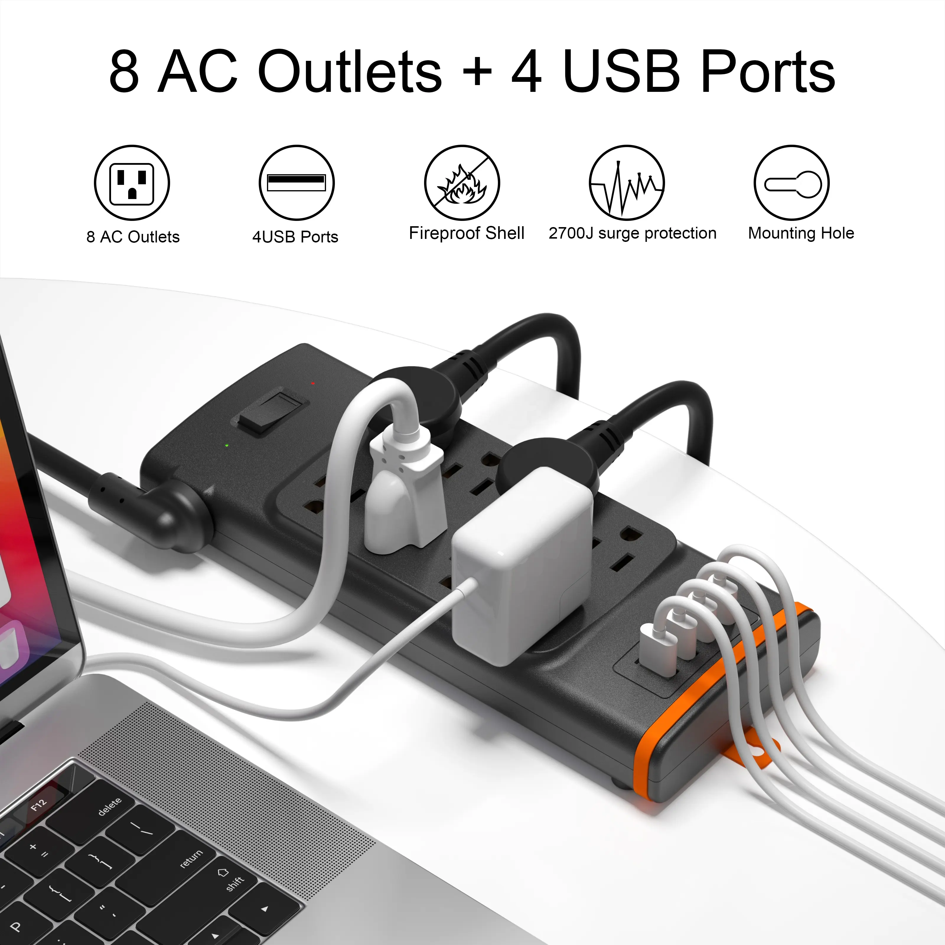 แผงวงจรจ่ายไฟ USB อเนกประสงค์8ช่องเต้าเสียบปลั๊กไฟ USB 3 & USB C * 1พร้อมระบบป้องกันไฟกระชาก (2700j) สีดำ125V