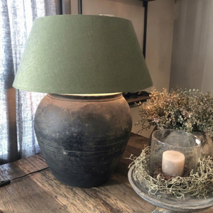 <b>Vintage</b> Chinese Jar Table <b>Lamp</b> – Rustic Ceramic Jug Base with Green Fabric <b>Shade</b> for Farmhouse Home Décor - Product Image 1