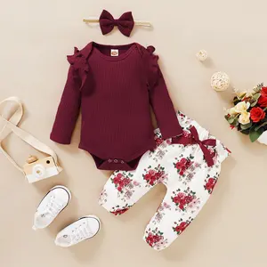 Trajes de otoño para niña recién nacida, ropa para niña, Pelele de manga larga con volantes en verde y rosa sólido, pantalones con estampado Floral, conjunto de diadema