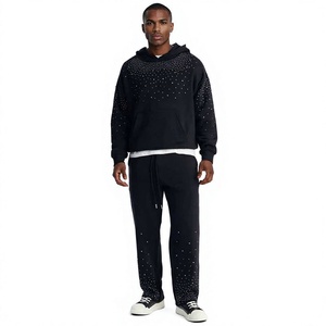 Men's Custom Autumn <b>Vintage</b> Acid Wash 100% Cotton <b>French</b> Terry Pullover Hoodie Sweatpants Set High Quality Casual Rhinestone - Product Image 1