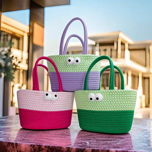 Handmade Cotton Rope Woven Bucket Bag Cartoon Design Large Capacity Tote Bag For Women Storage Baskets 38cm 20cm 25cm 17cm - Product Image 1