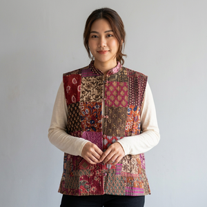 Veste sans manches en coton tricoté à col mandarin pour femme, imprimé floral patchwork bohème, poches, respirante, écologique - Product Image 1