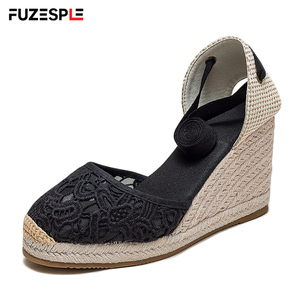 Sandales <span class=keywords><strong>compensées</strong></span> légères antidérapantes pour femmes, style <span class=keywords><strong>espadrilles</strong></span> en jute, <span class=keywords><strong>à</strong></span> lacets et bout fermé - Product Image 1