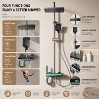 Sistema de ducha termostático de latón para baño con pantalla digital, control tipo teclado de piano, grifo mezclador de ducha con efecto lluvia y cascada, y chorros de masaje.
