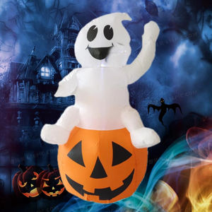 Decorazione Gonfiabile Professionale in Terylene per Halloween con Dimensioni Personalizzabili, Elfo Arancione e <span class=keywords><strong>Bianco</strong></span> Seduto su Zucca con Luci LED - Product Image 1