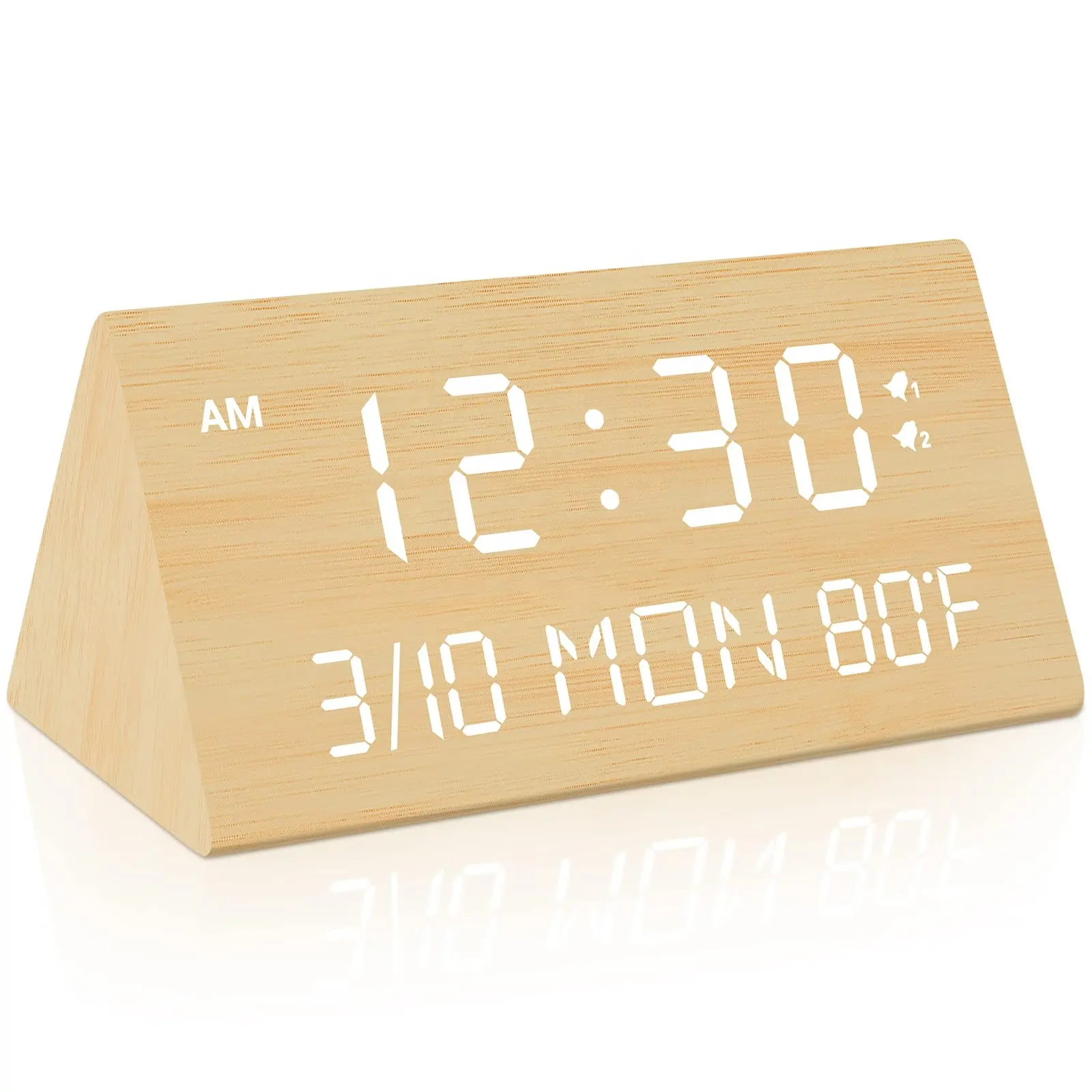 Reloj despertador de bambú para dormitorio, pantalla de temperatura y fecha para oficina, 2 configuraciones de alarma, atenuador de 0 a 100%, reloj despertador Digital de madera