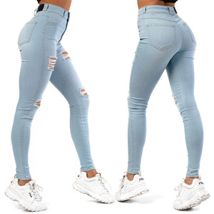 Jeans de mezclilla elásticos de cintura alta para mujer, estilo Y2K, transpirables, elegantes, bonitos, hip hop, desgastados, azules, con <span class=keywords><strong>rotos</strong></span>, ajustados, venta al por mayor OEM - Product Image 6