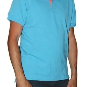 Chemise pour homme bleue, coupe classique, unie, avec deux boutons, patte de boutonnage contrastée, tricotée, 100% coton - Product Image 2