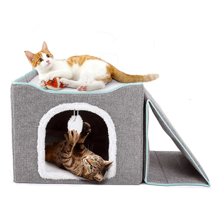 Wholesale Large <strong>Square</strong> <strong>Cat</strong> Bed Foldable Indoor Pet Nest with Fluffy Ball Hanging Scratch Pad Feature for <strong>Cat</strong> Sleeping - Product Image 1