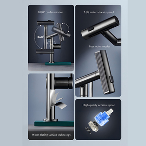 Robinet de lavabo noir à bras mécanique, <span class=keywords><strong>mitigeur</strong></span> d'évier rotatif à 360° avec 4 modes de jet cascade et pluie pour salle de bain - Product Image 3