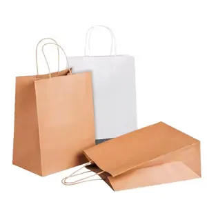 Guangtu supply kraft paper bag donut paper bag with handles square bottom brown reusable for coffee fast food packaging