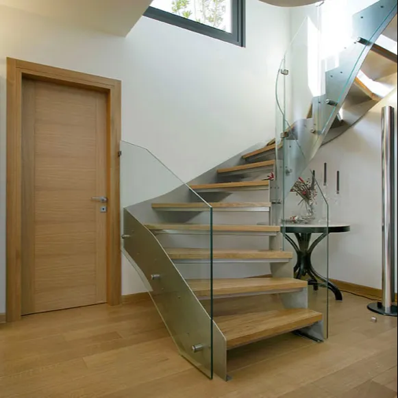 Barandilla de vidrio para Interior, escalones de madera maciza, redondos, prefabricados, personalizados, escaleras curvadas