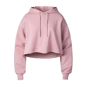 Custom Cropped Hoodies Raw Hem Woman Blank Cotton French Terry Pink Pullover Oversized Women's Puff Print Crop Top Pink Hoodies