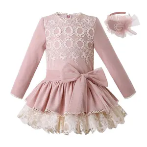 2024 Best Sale Pettigirl Mother Daughter Matching Dress with Bow Lace Girls Pink Dress with Headband Cute Toddler Girl Clothes