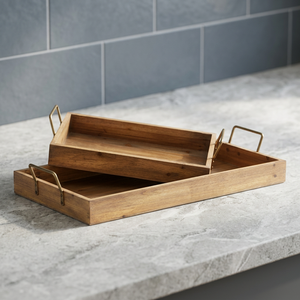 Plateau de service en bois et en verre, plateau décoratif pour la maison de couleur marron, plateau de service en bois, en bois de manga naturel - Product Image 2
