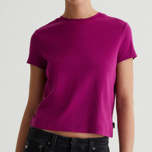 T-shirt girocollo cropped personalizzata da <span class=keywords><strong>donna</strong></span>, rosa <span class=keywords><strong>fucsia</strong></span>, in tessuto ecologico a costine, servizio di stampa OEM/ODM - Product Image 1