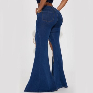 Jean en denim pour femme, coupe skinny, taille haute, évasé, délavé à l'acide, avec fente et cordon de serrage, en coton, sexy, haute qualité, prix bas, promotion - Product Image 2