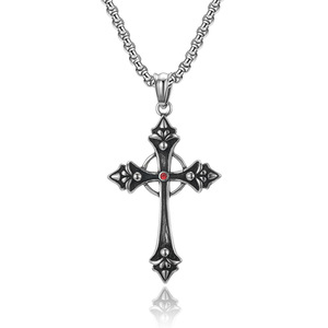<b>Cross</b> Necklace Zinc Alloy Unisex Pendant with Red Stone Retro Style Gift Jewelry Claw Setting K-PT396 - Product Image 5