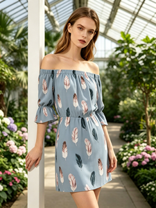 Feather Print Blue Dress - Off-Shoulder Elastic Waist Dress with Puff Sleeves Summer Dress - Product Image 5