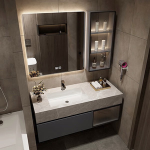 Simple slate integrated basin solid wood bathroom cabinet simple hanging smart wash basin cabinet <b>wall</b> cabinet - Product Image 1