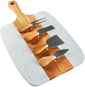 Tabla de Quesos de Madera de Acacia y Mármol, Tabla para Cortar Charcutería con 4 Cuchillos para Servir, Tabla de Cortar Rectangular - Product Image 1