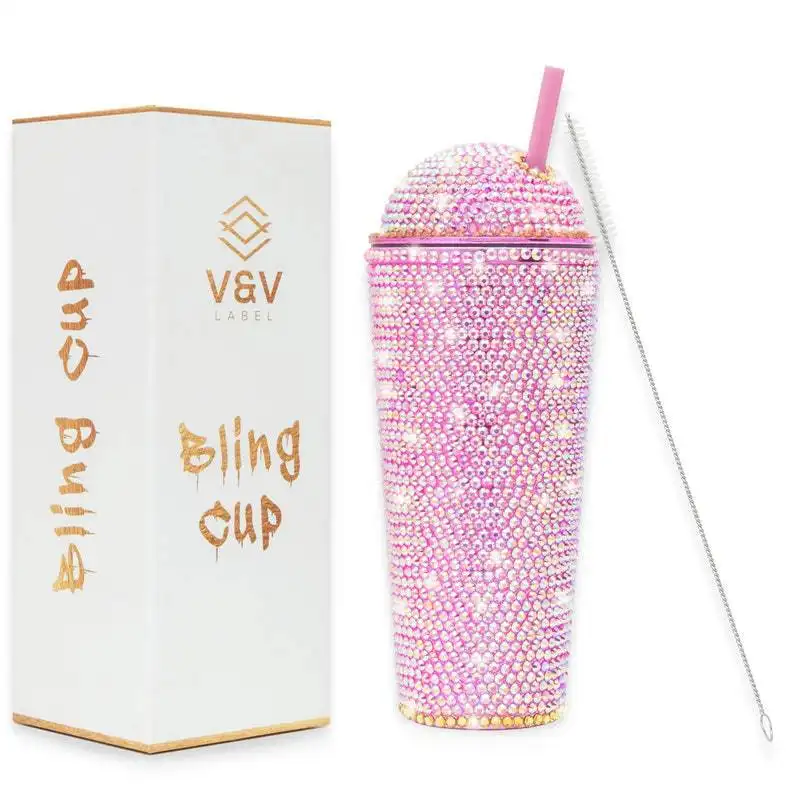 Custom Logo 22OZ With diamond double Straw Cup with round cover PS Plastic cup With Acrylic diamond paste With flat cover