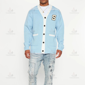 Custom Button V Neck College <strong>Cardigan</strong> Sweater for <strong>Men</strong> Letter Embroidery Ribbed Cuff <strong>Mens</strong> Varsity <strong>Cardigan</strong> Sweater <strong>With</strong> <strong>Pockets</strong> - Product Image 2