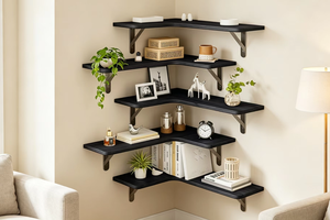 Juego de 5 Estantes de Pared en Forma de L de Madera Rústica Fixwal <span class=keywords><strong>para</strong></span> <span class=keywords><strong>Baño</strong></span>, Cocina, Dormitorio o Sala de Estar, Color Negro - Product Image 3