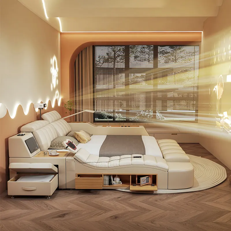2024 현대 럭셔리 다기능 정품 가죽 스마트 침대 HD 프로젝터 마사지 다다미 마스터 룸 결혼 침대