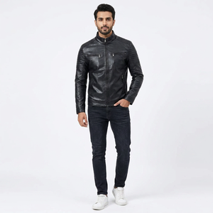 Veste en cuir véritable et toile respirante pour homme Finer Threads, style motard tendance, poches zippées, col montant, capuche - Product Image 1