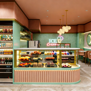 Sweet System Ice Cream Dessert Shop LED <strong>Glass</strong> Display Cabinet with Gold Frame and Metal <strong>Shelving</strong> for Retail Showroom - Product Image 3