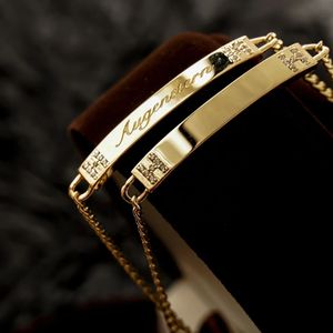 Xinfly Classic <b>Men</b> and Women Pure Solid 18k Gold Custom Fine Jewelry Blank Sideways Engraved Letter Bar Cuban Link Bracelet - Product Image 2