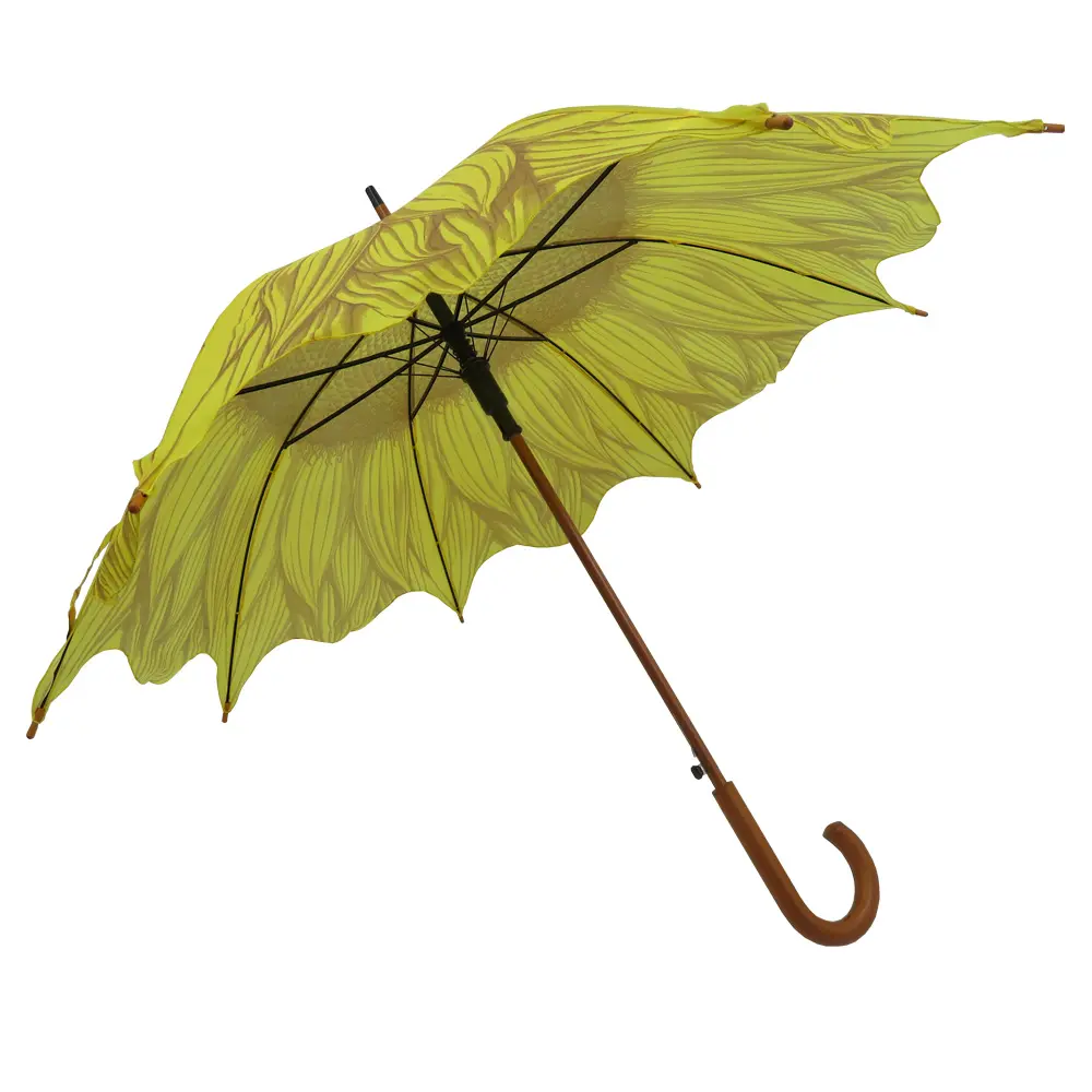 23 Inch Sunflower Design Wooden Handle Auto Open Straight Umbrella Digital Printing Customized Design Promotional Umbrella