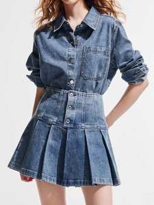 OEM ODM <span class=keywords><strong>Mini</strong></span> <span class=keywords><strong>jupe</strong></span> en jean plissée taille haute pour femmes, ligne A, taille haute, boutons à une rangée, brodés, style décontracté, taille fine - Product Image 3
