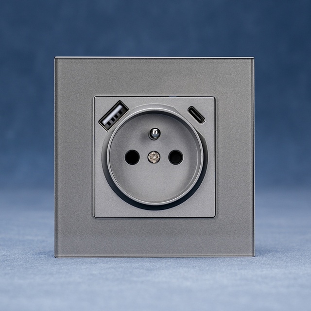 European Standard Modern Electric Power 16A 220V French Wall Socket USB Charging Ports A+C Glass Socket Plug Sockets