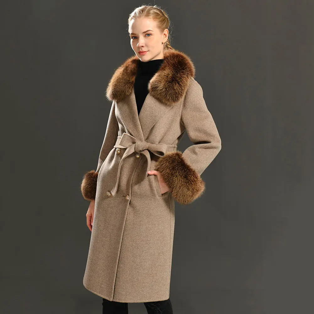 Winter Double-breasted Trench Cashmere Jacket with Fur /Korean Long Women Double Face 100% Wool Mongolian Cashmere Coat Women