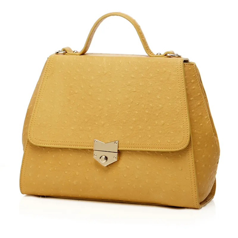 Wholesale Top Selling Trendy New Arrivals Cowhide Leather Lovely Lock Bags Yellow Ostrich Embossed Leather Women Handbag 2022