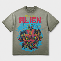 T-shirt Oversize en Coton Lourd 320 g/m² Vert Armée Dégradé Effet Délavé avec Impression Graphique Alien Racing, Logo Personnalisé, OEM ODM – Vente en Gros