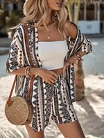 Ensemble deux pièces pour femme en polyester et coton 80g, imprimé bohème, avec short et kimono à manches courtes, tenue de plage, fournisseur ODM