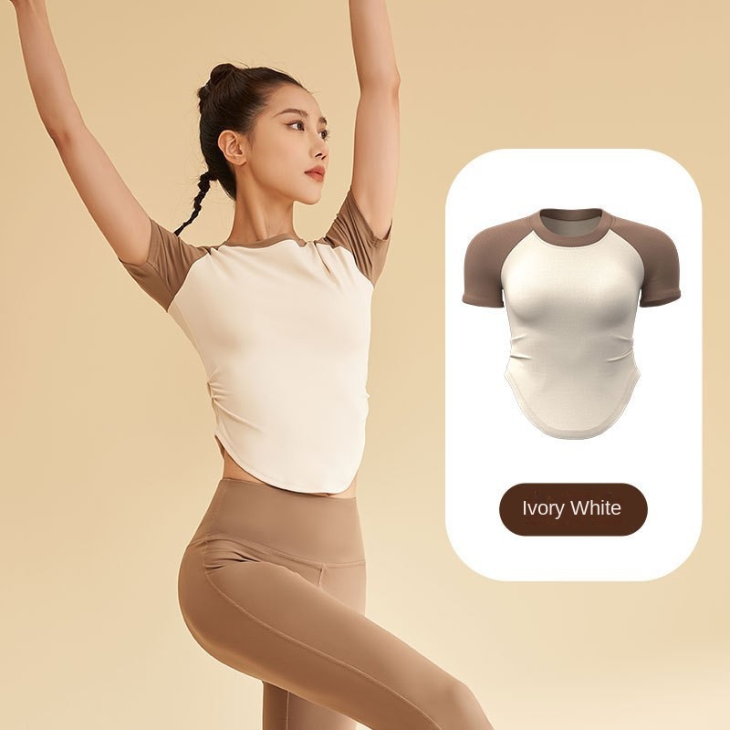 Summer Breathable Quick-Drying T-Shirt Contrast Waist Seamless Yoga Fitness Top for Dance Running Sports Short-Sleeved Tops