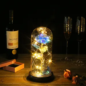 Light up artificial rose flower in clear glass dome with led lights wholesale for Christmas wedding valentines day gifts 2023