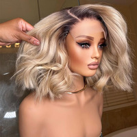 Perruques Courtes Bob Ombrées en Gros, Perruques Sans Colle Originales en Cheveux Humains, Tissages Naturels Lace Front, Perruque Bob Blonde pour Femmes
