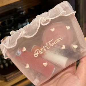 Borsa Cosmetica Trasparente con Volant e Ricamo a Cuore, Portatile e Carina, per Trucco e Fazzoletti, per Donne - Product Image 3