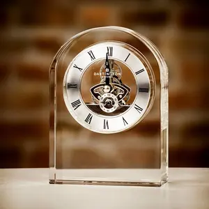 MH-C001定制logo台钟透明水晶钟雕刻玻璃镇纸钟