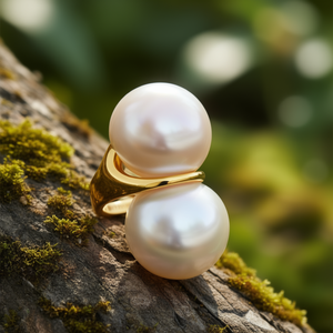 Fashion <b>Ring</b> 316L Stainless Steel PVD <b>Gold</b> Plating Sustainable Resistant Pearl Stone Statement Jewelry - Product Image 3